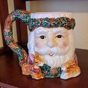 Woodland Santa Hand Painted Ceramic Oversized Mug Deer Rabbit Christmas